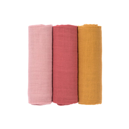 Muslin Swaddle 3er Set - rose / rosewood / mustard